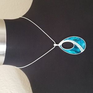 Vintage KC Silver Abalone Rhinestone Open Oval Necklace